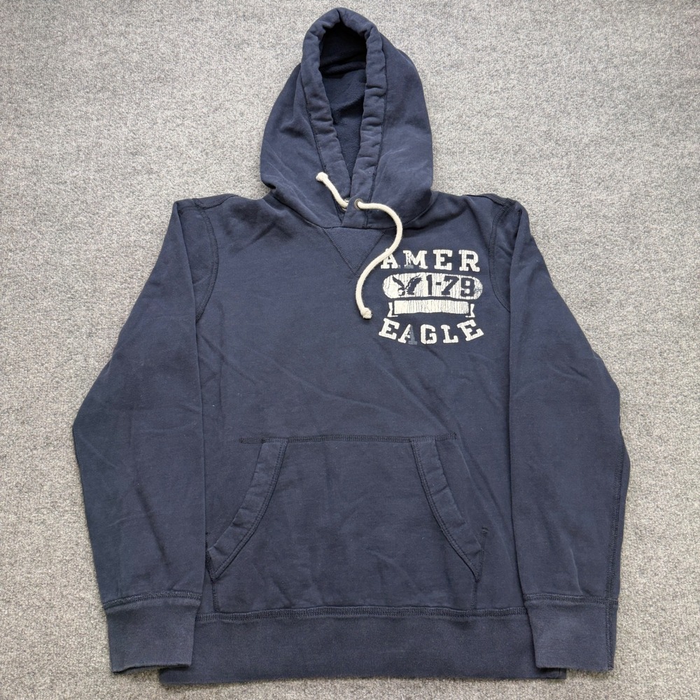 American Eagle‎ Mens Navy Blue Distressed Graphic Pullover Hoodie Sweatshirt M